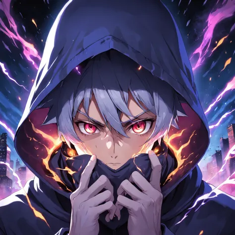 (absurdres, highres, ultra detailed)(Masterpiece, best quality:1.2),1man, wearing a hooded trenchcoat,eye glare, absolutely stunning eyes, holding purple fire in his hands, looking towards the viewer, ultimate power, wearing hood over head, (galaxy face),