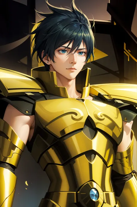 Attractive profile picture, masterpiece, ultra-precise rendering, beautiful and cool young man, trustworthy, dependable young man, savior of the world, simple design, most beautiful image, 4K, light green eyes, saint seiya gold armor, blue hair.