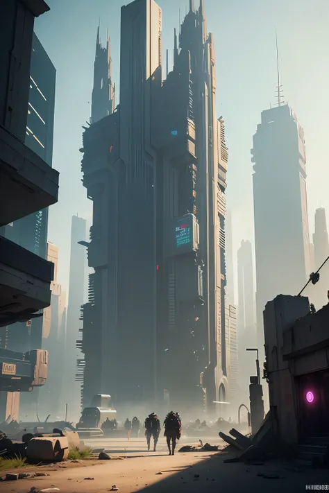 Game scene of a futuristic cyberpunk city with the ruins of the city ruined and a lot of people in it, —W 1920 —H 1080 --auto