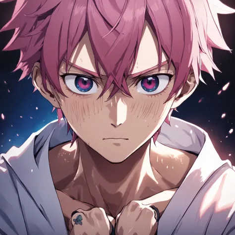 ​masterpiece, top-quality, ultra-detailliert, Textured, detailedeyes,8K, 1boy, Sukuna, from jujutsu kaisen, A pink-haired, The tattoo_ryoumen, The tattoo_SUI_his_Face, looking at the viewers,  A detailed eye, A detailed face, (​masterpiece:1.4),(top-qualit...