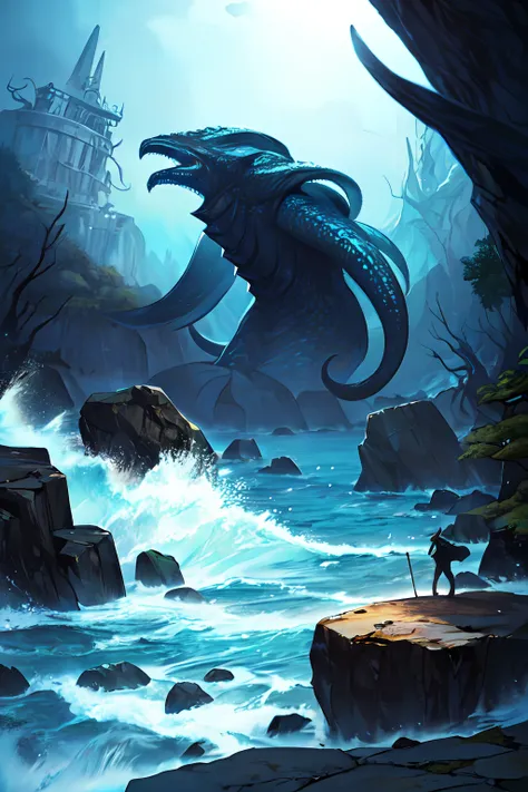 Cthulhu,Monster,Fish,tentaculata，Dark forest，Hit the rocks，Rough sea，(dark:1.35)，(Soul style:1.5)