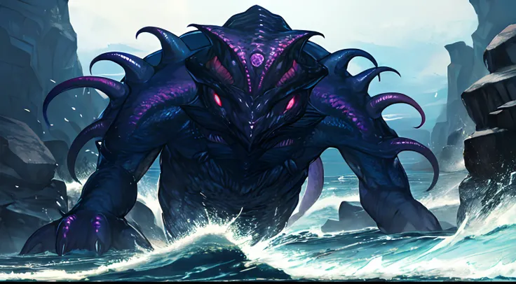 Cthulhu,Monster,Fish,tentaculata，Dark forest，grand battle,Hit the rocks，Rough sea，(dark:1.35)，(Soul style:1.5),