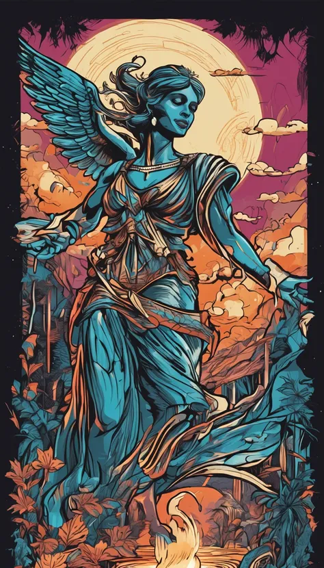 T-shirt vector printing , anjo celestial, Arte em estilo grego ,fused into an epic, imagem detalhada. Mastery in quality and lighting. Stunning and impactful scenery. Dynamic and powerful action. Efeitos de sombra e luz melhorados. High resolution masterpi...