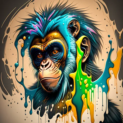 (a portrait of Cyberpunk Monkey with colored fluid), T-shirt logo in tapered thin outline style, spell view, artwork in (empty background:1.4)