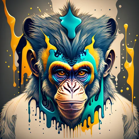 (a portrait of Cyberpunk Monkey with colored fluid), T-shirt logo in tapered thin outline style, spell view, artwork in (empty background:1.4)