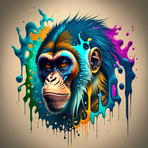 (a portrait of Cyberpunk Monkey with colored fluid), T-shirt logo in tapered thin outline style, spell view, artwork in (empty background:1.4)