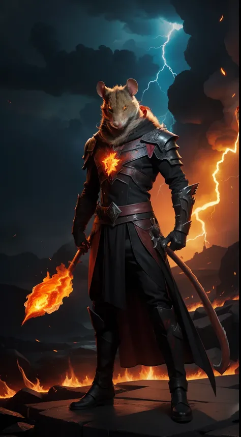 infernal-lord, rat-head, flame-lava, fire-background, full-body, lightning-strike-on-the-left-background, cool