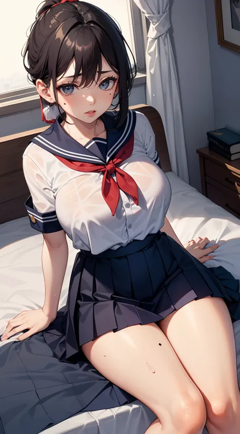 A wife，Single ponytail on the side，Black-brown hair，There is a mole under the left eye，Big breasts，full stature，Wearing a blue and white sailor suit，Black ultra-short pleated skirt，Room bed，Masturbation，And the shape of the female genital organs is clearly...