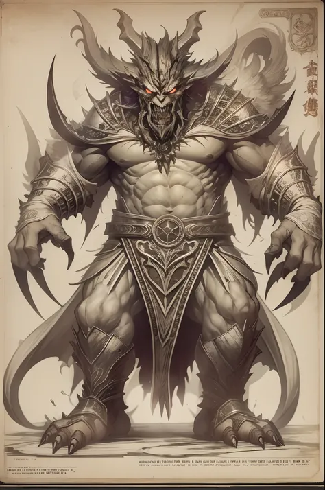 Standing drawings of game characters，Hell Monsters，（（Super huge, Thick and sharp giant claws）），（（（Black antique hideous scales））），（（（The scales are covered with thick barbs））），（（Super thick and terrifying scales）），Wrap the whole body，（（Bloodthirsty and mur...