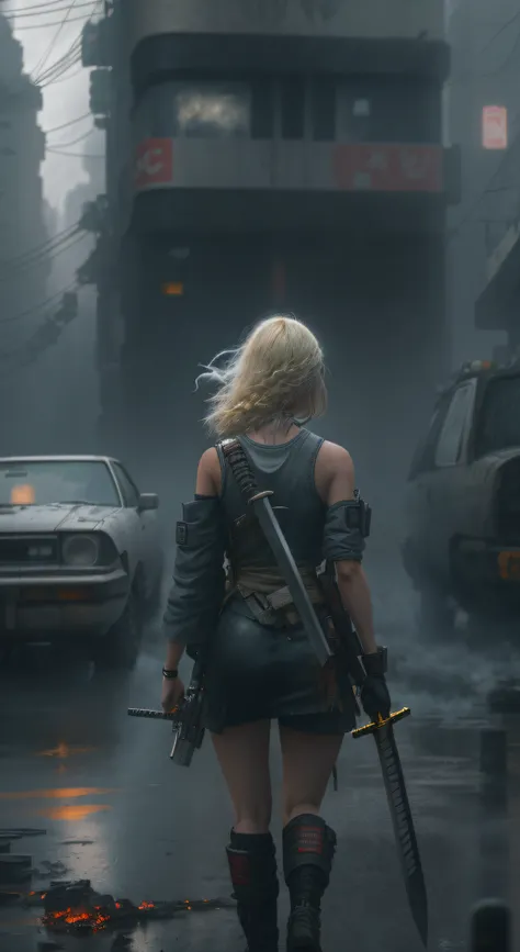 A photo of a young blonde woman standing on her way to the center of the post-apocalyptic city imagery, The Japanese sword in her hand, Dirty laundry is broken, Exploding cars, Fire and smoke, epic detail ighly detailed, rain, RAW photography, Back shot, S...