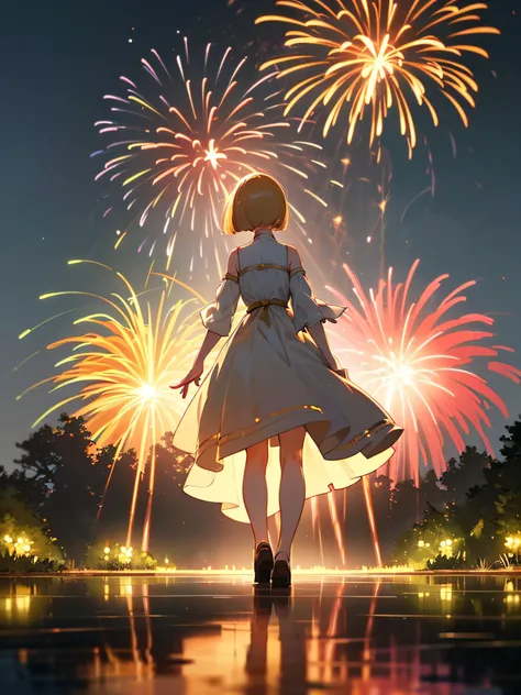 1woman,white summer dress,((no sleeve),night English garden,several color fireworks,watch fireworks,(Reflected light from fireworks),blonde hair,short bob,from behind,(I cant see her face),the ground does not reflect light,