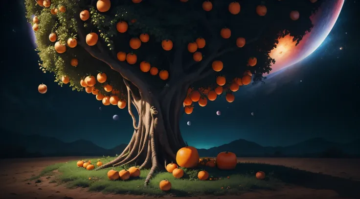 The fruit tree filled with oranges whose roots cover a planet lost in a huge and dark galaxy, sans vie aux alentours, just a few mysterious and strange planets