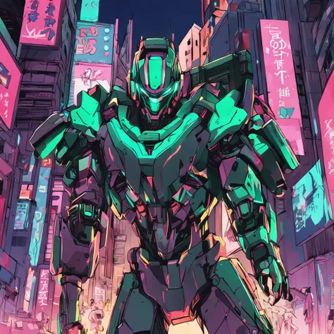 a close up of a person in a suit on a city street, cyberpunk art, inspired by Ryūsei Kishida, neo-dada, metallic green armor, anime manga robot!! anime girl, neon colored suit, upper body 2d game avatar, mobile suit, avatar image