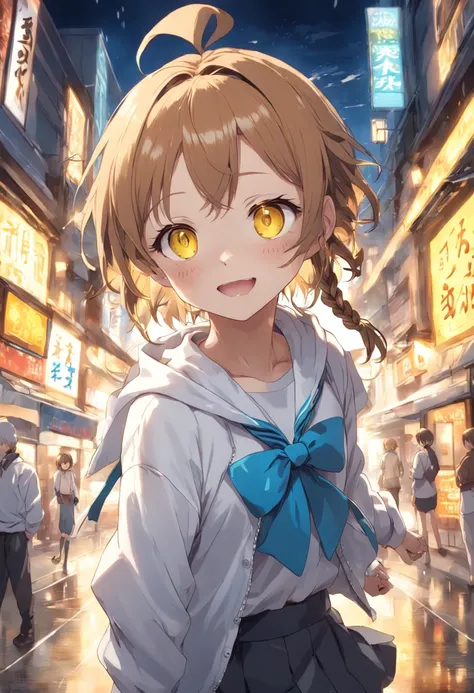 yellow  eyes、Girl with light brown hair with braids above her ears and short cuts outside splashes、Blue ribbon、Wearing a white shirt and hoodie、Thin ribbon on shirt、Smiling anime girl、atlibrary、Buruaka style