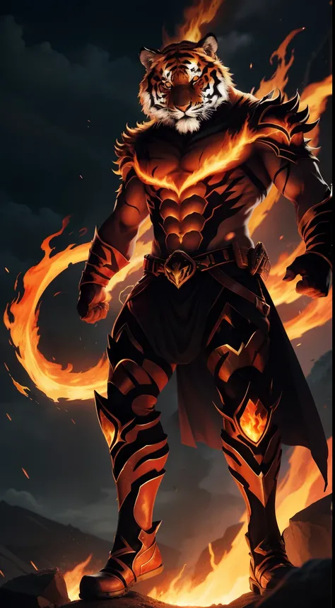 infernal-lord, tiger-head, flame-lava, fire-background, full-body, lightning-strike-on-the-left-background, cool