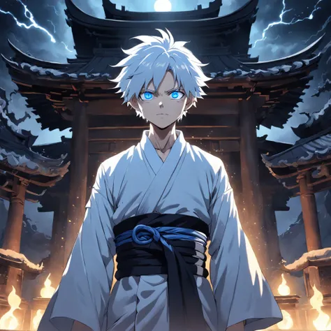 Prompt: (masterpiece, illustration, anime:1.3), Satoru Gojo from Jujutsu Kaisen, (classic black attire:1.2), standing inside a temple at night, (messy white hair:1.1), (blue eyes emitting blue light:1.2), (calm expression:1.1), (uncovered eyes:1.1), (power...