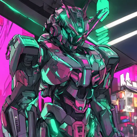 a close up of a person in a suit on a city street, cyberpunk art, inspired by Ryūsei Kishida, neo-dada, metallic green armor, anime manga robot!! anime girl, neon colored suit, upper body 2d game avatar, mobile suit, avatar image