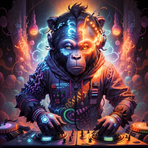 A neopunk DJ chimpanzee unleashes an electrifying and psychedelic performance, captivating the audience with mind-bending beats. The vibrant colors and pulsating rhythms create a hypnotic atmosphere,