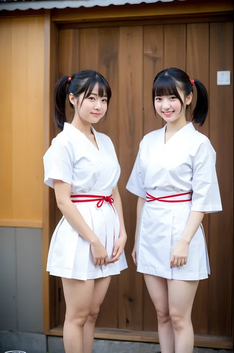 2 girls in old-japan town,white hakama-top,dark red school skirt,dark blue school skirt,vermilion string-hair-bow,18-year-old,bangs,a little smile,thighs,crotch,knees,short cut hair,pigtail,from below