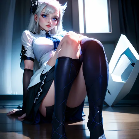 Two-dimensional girl，Details are strengthened，Blue pupil，long  white hair，Dark blue ladies shirt，Lower body JK skirt，White over-the-knee stockings，Full body like