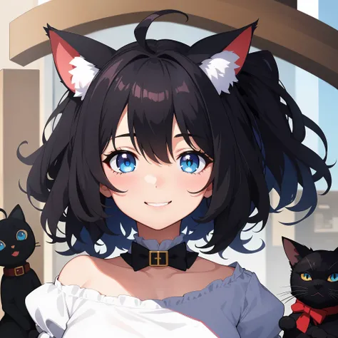 girl with、Chibi、((Best Quality, high_resolution, Distinct_image)),(Black hair), (Black cat ears), (Ahoge), (absurdly short hair), (Wavy Hair), (Blue eyes),、a smile、mideum breasts、Face Up、