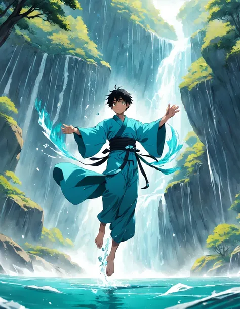 Man levitating over the turquoise waters of a river, movimentos fluidos e poderosos, wearing an elegant blue kimono with wave designs and Asian brushstrokes, In the background a majestic waterfall of crystal clear waters, suspended water particles.