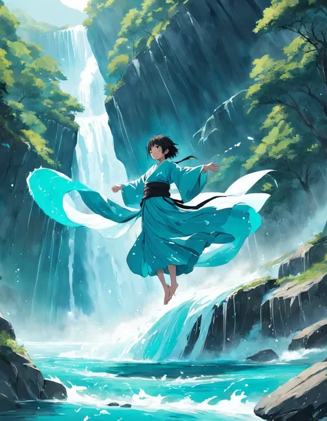 Man levitating over the turquoise waters of a river, movimentos fluidos e poderosos, wearing an elegant blue kimono with wave designs and Asian brushstrokes, In the background a majestic waterfall of crystal clear waters, suspended water particles.