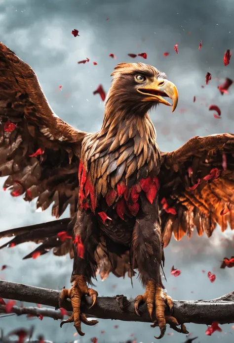 Cinematic images，number art，Chinese mythology and stories，Journey，King of Golden-winged Golden Eagles，closeup cleavage，Open your mouth，tosen，Fierce eyes，Blood，A mouth full of blood，Dripping blood，Puffing，massive wings，Thick feathers，feater，Super close，Shar...