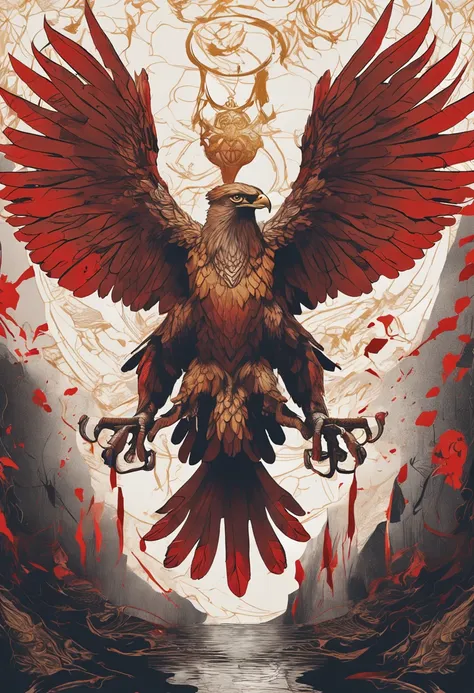 Cinematic images，number art，Chinese mythology and stories，Journey，King of Golden-winged Golden Eagles，closeup cleavage，Open your mouth，tosen，Fierce eyes，Blood，A mouth full of blood，Dripping blood，Puffing，massive wings，Thick feathers，feater，Super close，Shar...