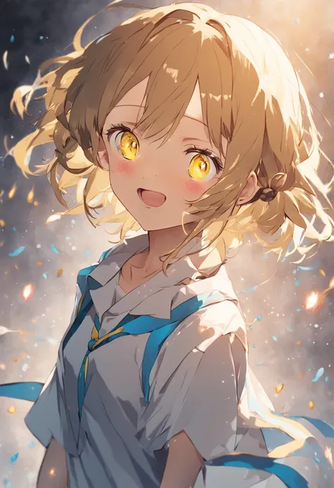 yellow  eyes、Girl with light brown hair with braids above her ears and short cuts outside splashes、Blue ribbon、Wearing a white shirt、thin ribbon at the neck、Smiling anime girl、atlibrary、Buruaka style