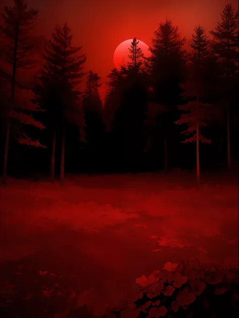 Blood Sea style，real photograph，blood red colored sky，There is a huge black hexagon in the sky，no sun，Bloody sky，The sky glows red，In the forest，Look up at the perspective，first person perspective，Blood red sky，Pitch black forest