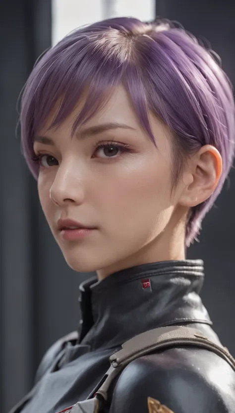 japanese woman, with accurate features, strong jawline, slightly pointed ears, short hair, lavender hair, dynamic angle shot, No extra ears, neck zoomed in, side view profile centered, wide high angle view, Two pointed ears，Side photo, wearing futuristic m...