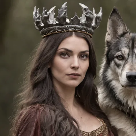 a photo of a woman with a crown and three wolves, hecate goddess, Hecate, pagan goddess, Deusa do Submundo, Norse goddess, persephone as goddess of death, Deusa da Raiva, Rainha do Submundo, deusa. detalhes extremamente altos, Mito grego do ritual escuro, ...