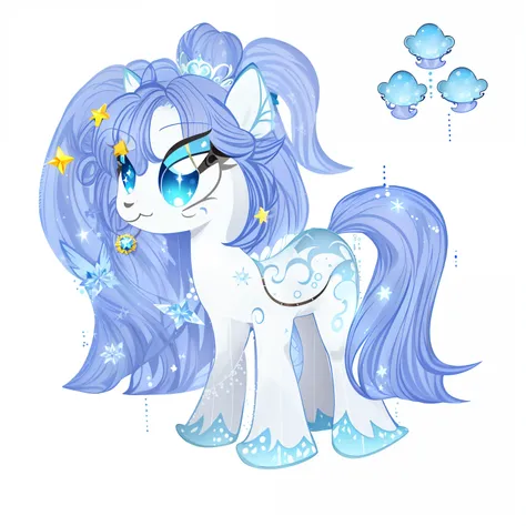 There is a cartoon pony，It has a blue mane and stars, full body adoptable, character adoptable, mlp fanart, ((a beautiful fantasy empress)), anthropomorphic mare, astral fairy, some chaotic sparkles, aesthetic cute with flutter, oc commission, celestial au...