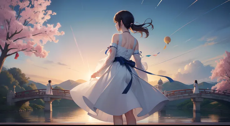 On a sunny day on Tanabata, Clouds fluttering，On the Magpie Bridge，The cowherd and the weaver girl look up at the sky from back to back，Character backs。starry sky bright，Quiet by the river，It was as if there were only two people left in the entire universe...