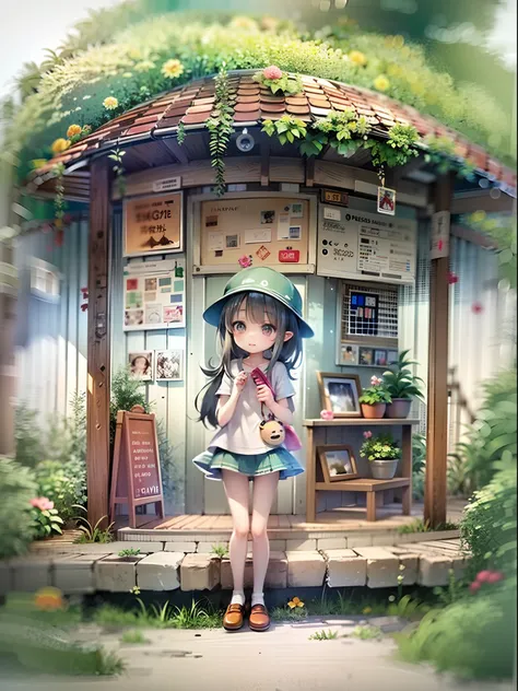 succubus、(​masterpiece、top-quality: 1.3)、(16k、hight resolution: 1.3)、(wakame: 1.3),Ghibli-style bus stop that appears in the Totoro play, chibi, cute girl, the girl is very small and very cute, anime style, watercolor painting, white background,