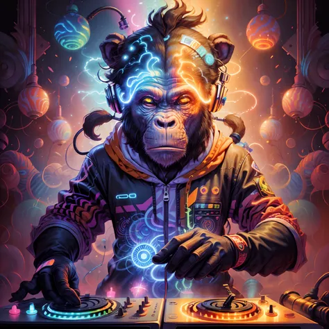 A neopunk DJ chimpanzee unleashes an electrifying and psychedelic performance, captivating the audience with mind-bending beats. The vibrant colors and pulsating rhythms create a hypnotic atmosphere,