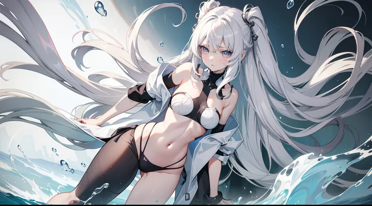 Anime girl wearing gray sweater，Fine beautiful eyes，Shoulderless，exposed bare shoulders，Be red in the face，Shy eyes，Extra-long, Flowing hair，White color hair，ultra color，and wear no underwear，exposing her chest，with no underpants，Water droplets on the crot...