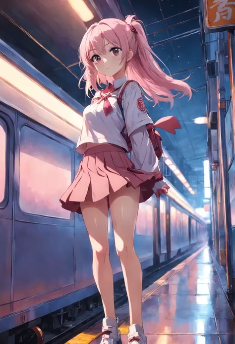 tmasterpiece）），（HighestQuali），（A detailed），（one-girl），Female Student，校服，short  skirt，full bodyesbian，電車の中で。 train to school,barechested，（The background is all pink）