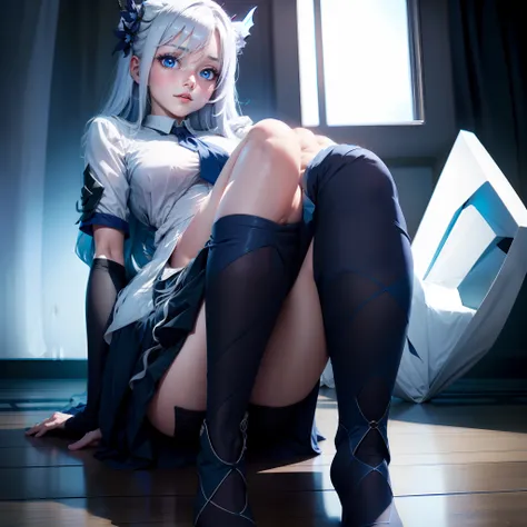 Two-dimensional girl，Details are strengthened，Blue pupil，long  white hair，Dark blue ladies shirt，Lower body JK skirt，White over-the-knee stockings