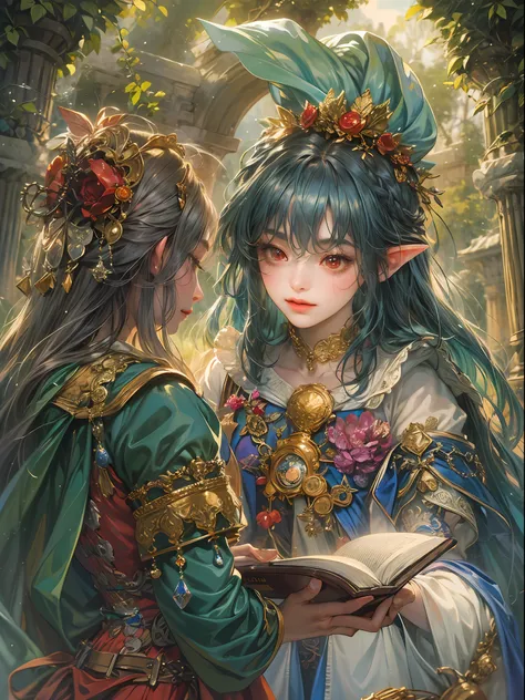 (absurdres, highres, ultra detailed, HDR), masterpiece, best quality, legend of mana character, heroine, detailed face, beautiful face with decorative detailed hair ornament, seraphina talking to a little  black haired faerie with red eyes with magic book ...