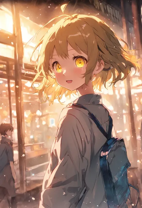 yellow  eyes、Girl with light brown hair with braids above her ears splashing short hair outside、Blue ribbon、Wearing a Y-shirt、thin ribbon at the neck、smiling  girl、Being in the library、