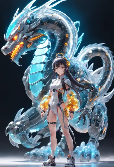 chinesedragon, (Blind box toy style:1.2), (Full body shot) , 1 Transparent girl,Behind him is a transparent Chinese dragon, Transparent mech, Exquisite helmet:1.2, Luminous goggles:1.2, Cyberpunk, dreamy glow, luminous neon lights, Clean, White background,...