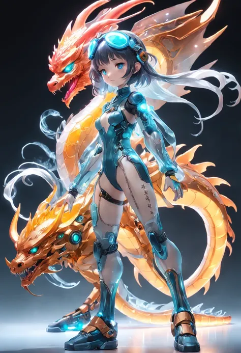 chinesedragon, (Blind box toy style:1.2), (Full body shot) , 1 Transparent girl,Behind him is a transparent Chinese dragon, Transparent mech, Exquisite helmet:1.2, Luminous goggles:1.2, Cyberpunk, dreamy glow, luminous neon lights, Clean, White background,...