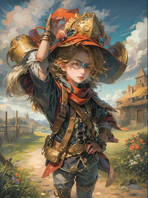 (absurdres, highres, ultra detailed, HDR), masterpiece, best quality, legend of mana character, handsome young hero wearing detailed goggles and hat, detailed face, handsome face, shiloh sightseeing to outside together with a knight in a deserted place, we...