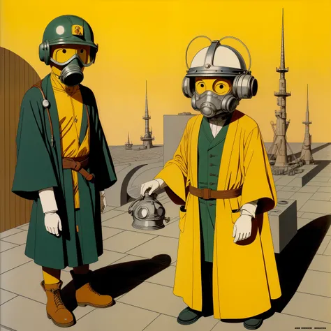 Shigeru Mizuki Poscademis Sam Keith Portrait of a crayfish squid in a doctors yellow robe and helmet Pisanello Ralph McQuarrie Saul Steinberg Gas Mask and Boots