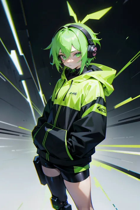 Anime character with green eyes, Headphones and black clothes with green accents. Fluorescent ultra shorts with black and green matching，Being in the room, Best anime 4k wallpapers, Anime style 4K, cyberpunk anime boy in hoodie, Anime art wallpaper 8 K, An...