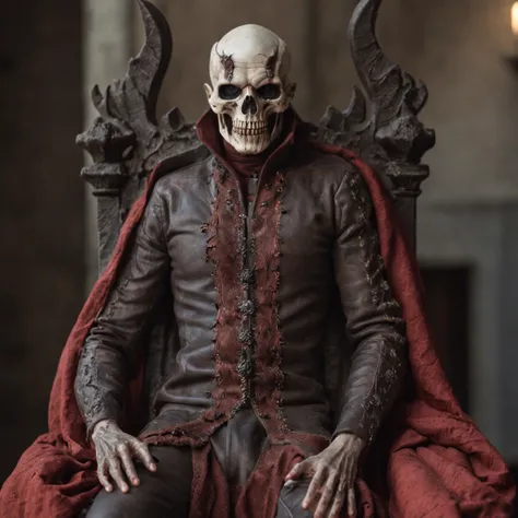 Make a demon with a male skull face in his hell sitting on his throne