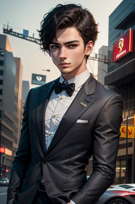 A young man，short detailed hair，Good facial features，Wear a suit，By a Ferrari，Eyes look at the suspended floating screen with a sense of technology，8k，The background is on the street，