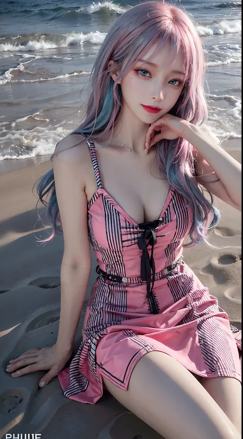 best quality, ultra high res, (photorealistic:1.4), (detailed beautiful girl:1.4), (medium breasts:0.8), looking_at_viewer, Detailed facial details, beautiful detailed eyes, (blue|pink hair), green eyes, slender, smile, (makeup:0.4), red lips, (full body, ...